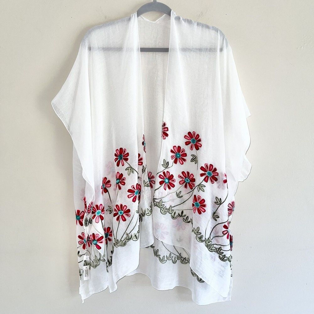 New Embroidered Sheer Kimono Top Cover Up Womens One Size Floral White Red Green